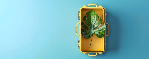 Canvas Print - Open Yellow Suitcase with a Green Monstera Leaf Inside