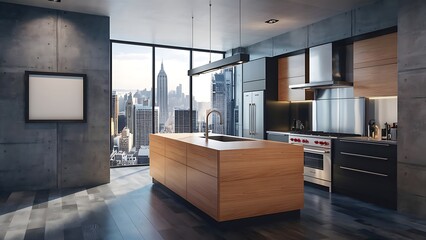 Modern kitchen interior with wood and concrete