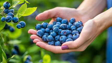 A woman is holding a bunch of blueberries in her hands