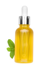 Wall Mural - Bottle of essential oil and mint isolated on white, top view