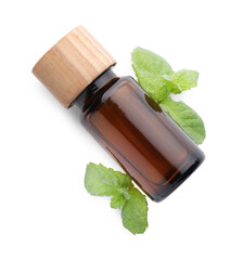 Wall Mural - Bottle of essential oil and mint isolated on white, top view