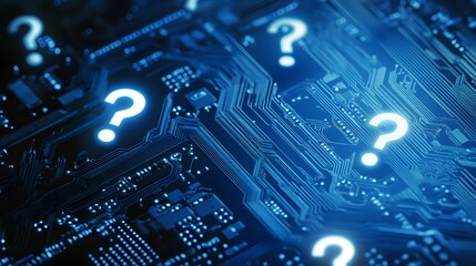 Poster - Question marks on a blue circuit board.