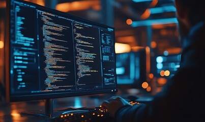 Fototapete - Close-Up of a Programmer Debugging AI Code on a Large Monitor