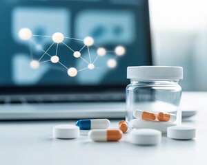 A modern workspace featuring a glass jar of capsules and a digital screen, representing pharmaceutical research and innovation.