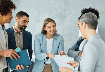 Wall Mural - business businesswoman leader meeting office team document paper paperwork work teamwork startup colleague planning smiling woman leader