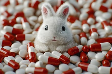 Sticker - A small white rabbit sitting amidst a pile of red and white capsules symbolizing the ethical considerations in pharmaceutical testing and the importance of humane treatment in medicine