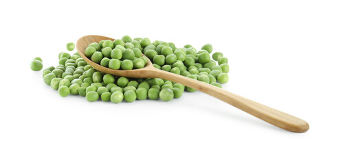 Wall Mural - Fresh green peas in spoon isolated on white