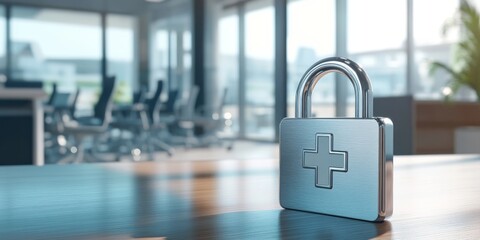 Poster - A sleek and modern padlock representing data security within a healthcare setting, emphasizing the critical importance of safeguarding patient information in hospitals and medical facilities
