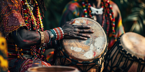 two people playing drums with colorful beads around their wrists