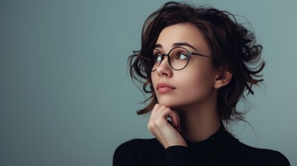 Poster - Professional businesswoman with glasses, looking thoughtful. Ample copy space on the left side