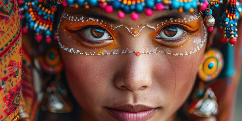 Sticker - A woman with colorful face paint and earrings