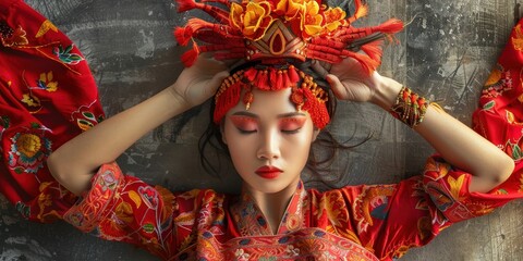 Canvas Print - A woman in a red dress with a flower crown on her head