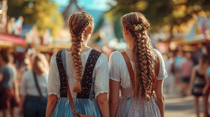 two young women with intricate braided hairstyles adorned with flowers, wearing traditional bavarian