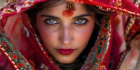 A woman wearing a red and green sari with a red nose and red lipstick