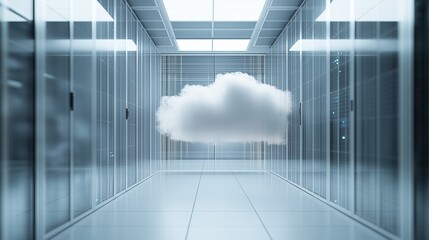 Poster - floating cloud above sleek data storage area in a modern tech facility