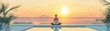 © pingpao - A serene sunset view with a person meditating by the pool, surrounded by palm trees, promoting relaxation and mindfulness.