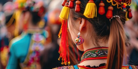 Wall Mural - A woman wearing a colorful headdress and earrings stands in front of a crowd