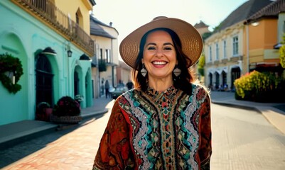 Wall Mural - Moroccan Woman Enjoying a Walk with Her Dog in Vibrant Neighborhood