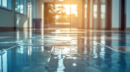 Tranquil indoor swimming pool bathed in warm sunlight streaming through large windows, reflecting off the calm water surface at sunset hour.