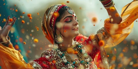 A woman in a yellow dress is dancing in the air with flowers around her