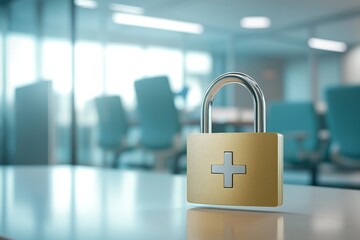 Poster - This visual representation highlights data security in healthcare, featuring a padlock icon in a hospital, symbolizing the protection of sensitive patient information and its importance for privacy
