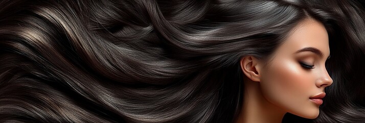 luxurious dark hair flowing in waves, showcasing the beauty of healthy, shiny locks. profile view of