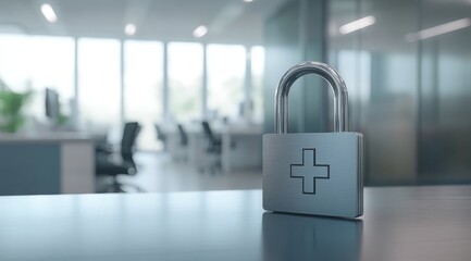 Poster - A padlock symbolizes healthcare data security, emphasizing the need to protect patient information in hospitals to maintain trust and ensure safety for all involved in the process