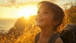 © areef - Happy little girl hiking at sunset.