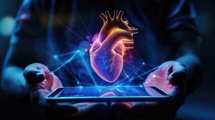 Aufkleber - A person's hands hold a smartphone displaying a glowing heart, symbolizing health technology and medical innovation.