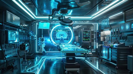 Aufkleber - Futuristic operating room with advanced technology and blue neon lights, showcasing a high-tech medical environment.