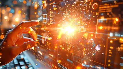 Poster - A user interacts with an advanced digital interface displaying vibrant data visualizations and graphics in a high-tech workspace.