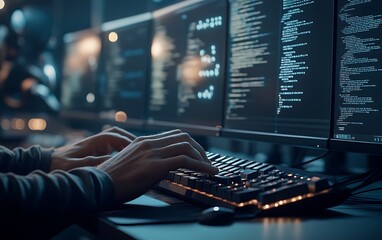 Fototapete - Close-Up of a Programmer Typing AI Code on a Mechanical Keyboard