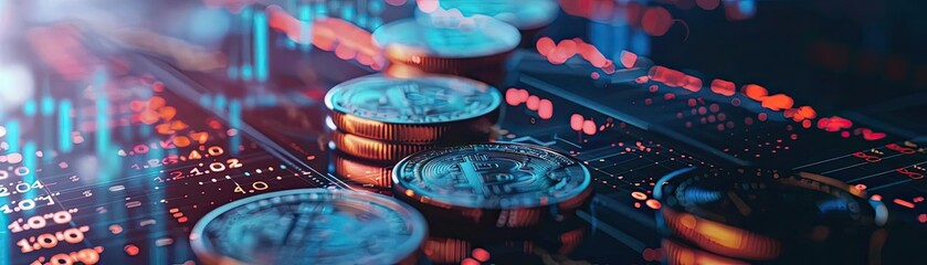 Aufkleber - Close-up of coins on a digital stock market background, showcasing the intersection of finance and technology in trading.