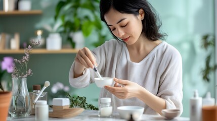 Asian woman mixing skincare ingredients in a serene, natural setting.