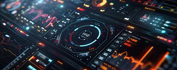 Poster - Futuristic data visualization interface with graphs, charts, and digital elements for tech and finance projects.