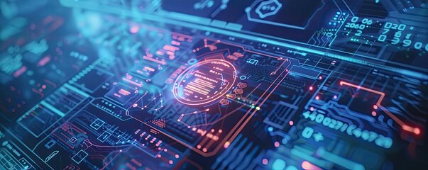 Aufkleber - Futuristic circuit board with glowing lines and nodes, illustrating advanced technology and digital innovation in a vibrant style.