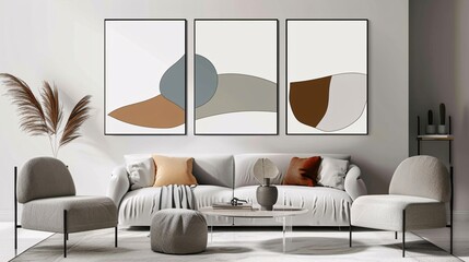 Fototapete - A trio of minimalistic abstract art posters with a seamless continuous design on a white background, ideal for a chic and contemporary interior