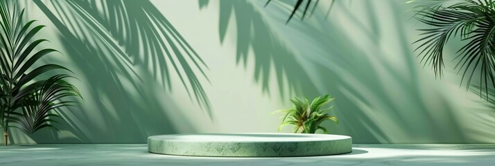 Wall Mural - Minimalist tropical podium display with palm shadows on mint green wall, featuring a white circular platform and small potted plant for product showcase.