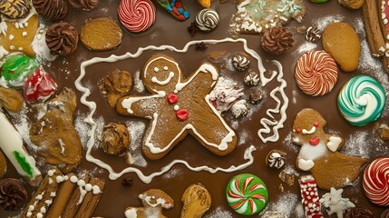 Gingerbread man surrounded by a festive assortment of colorful candies and cookies.