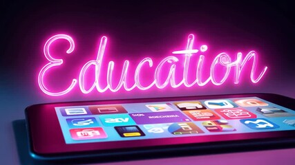 Poster - educational apps displayed on a smartphone with neon lettering generative ai