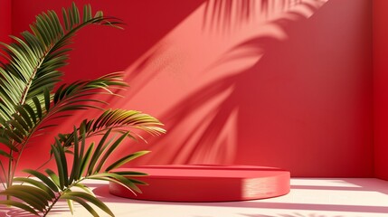 Wall Mural - Vibrant red backdrop with tropical palm leaves casting dramatic shadows, featuring a circular podium for product display. Minimalist summer concept.