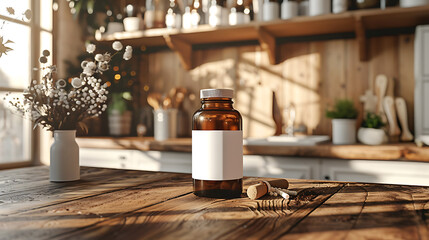 Wall Mural - A brown glass bottle with a blank label sits on a rustic wooden table in a kitchen setting.  Sunlight streams in through the window creating warm, inviting light.