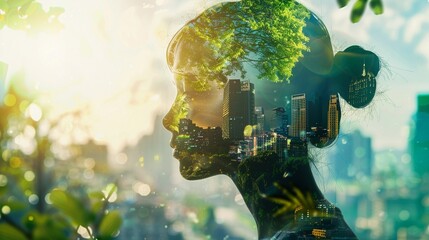 double exposure portrait blending female silhouette with urban skyline, symbolizing harmony between 
