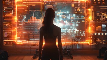 Poster - A woman analyzes health data displayed on a digital screen while training in a modern gym environment.