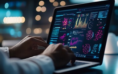 Fototapete - Close-Up of a Data Scientist Visualizing Complex AI Data on a Laptop