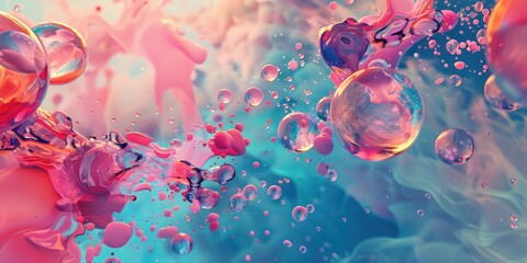 Wall Mural - A colorful, abstract painting of water droplets with pink and blue swirls