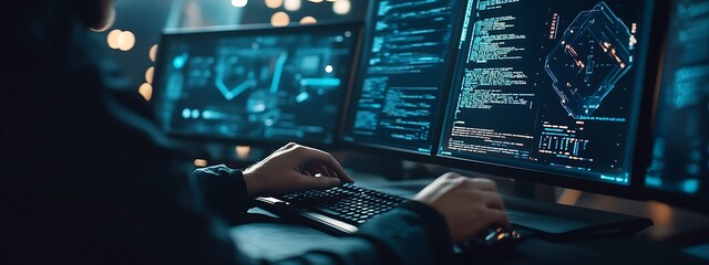 Fototapete - Close-Up of a Programmer Working on AI Code with Multiple Screens