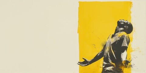 Wall Mural - In Worship. Young man standing on a yellow background. Grunge style.