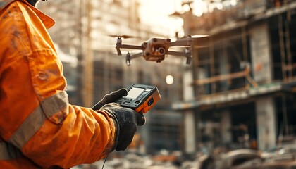 Fototapete - Close-Up of a Construction Worker Operating a Drone Remote on a Construction Site