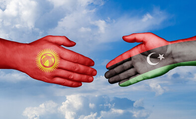 Wall Mural - Libya and Kyrgyzstan country handshaking with flags, consensus concept international co-operation illustration